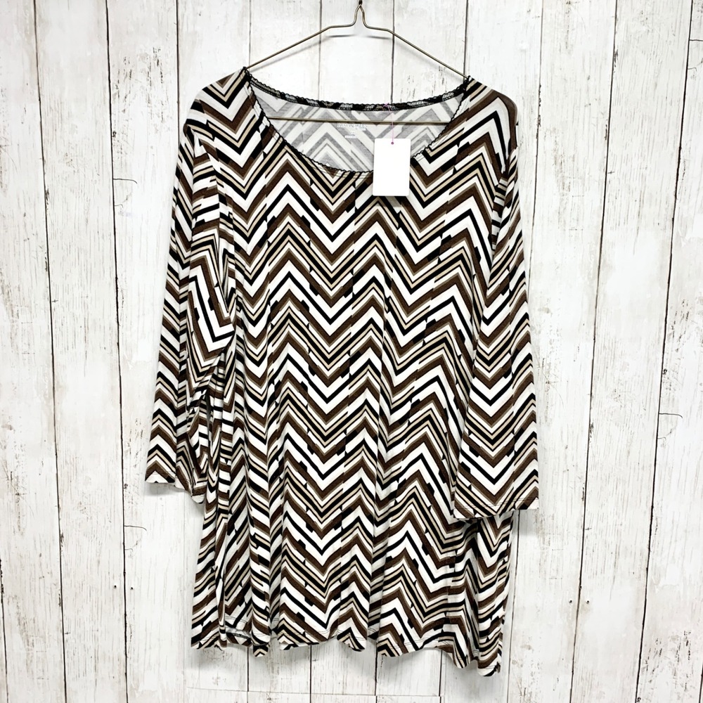 Kim Rogers Chevron Tunic Top Womens 1X Brown Black White Zig Zag Cotton Blend 1X
